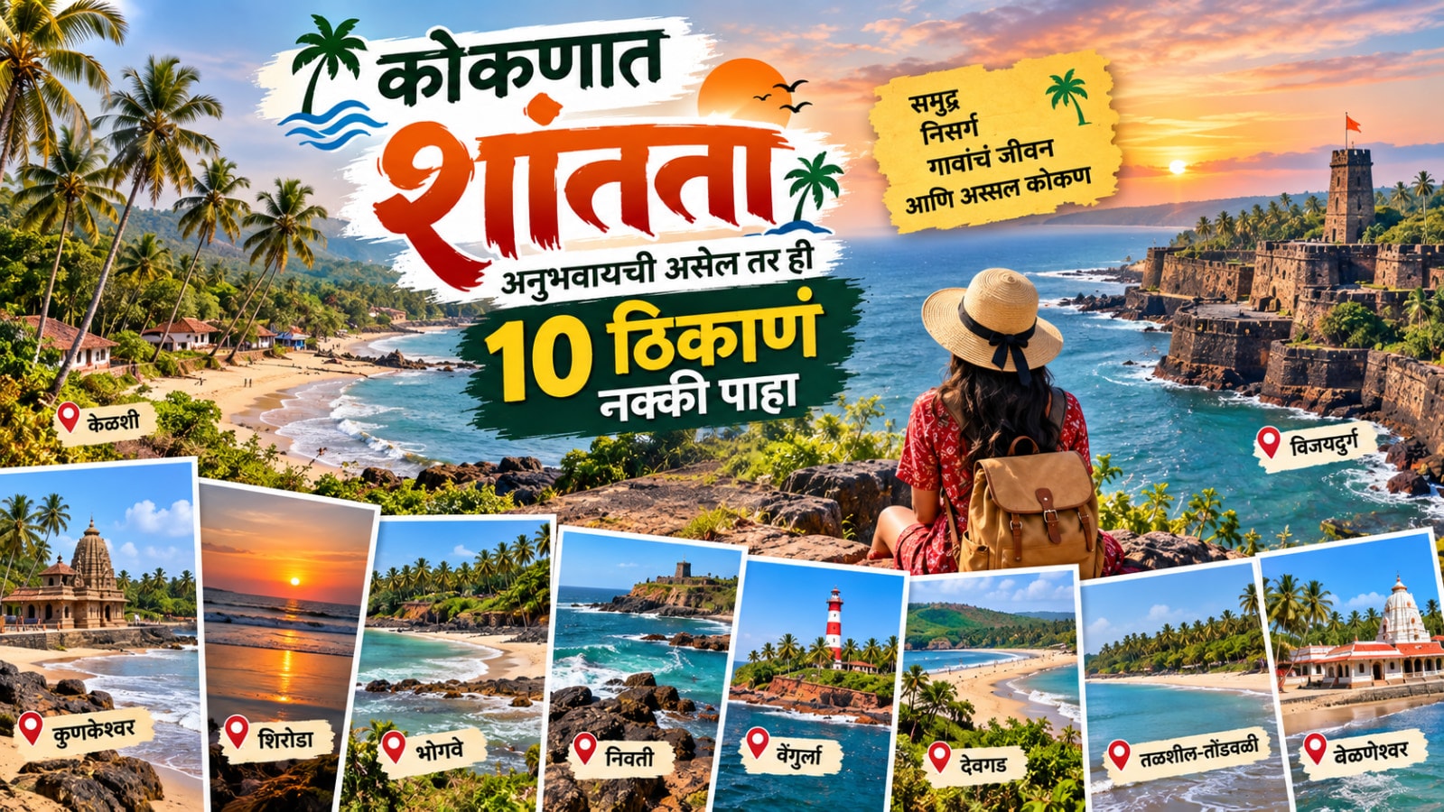 कोकणातील शांत पर्यटनस्थळे – समुद्रकिनारा, नारळाची झाडे आणि कोकणी गाव