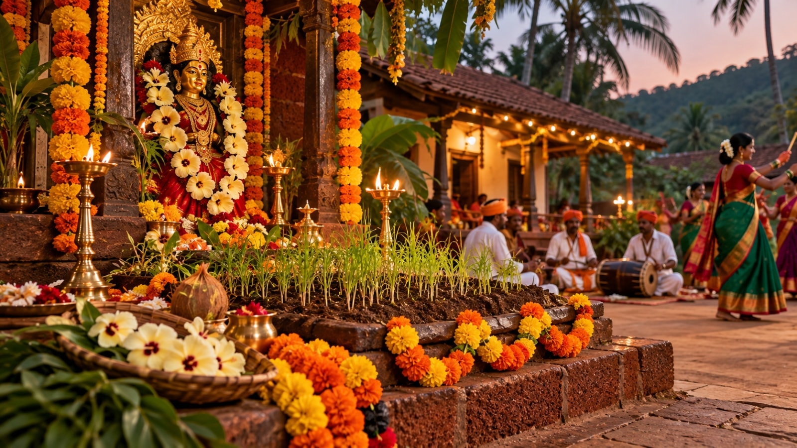 कोकणातील नवरात्री २०२६ मध्ये कुलदेवीची पूजा, फुलांची सजावट आणि गावातील पारंपरिक कार्यक्रम